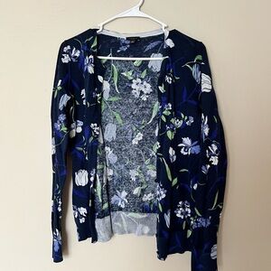 Ann Taylor Factory Black and Blue Floral Cardigan Sweater